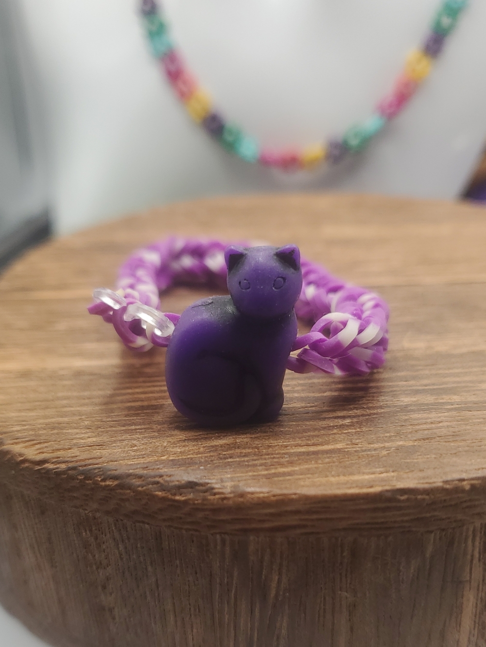 Purple Cat Charm Bracelet - Purple & White Loom Band B3505